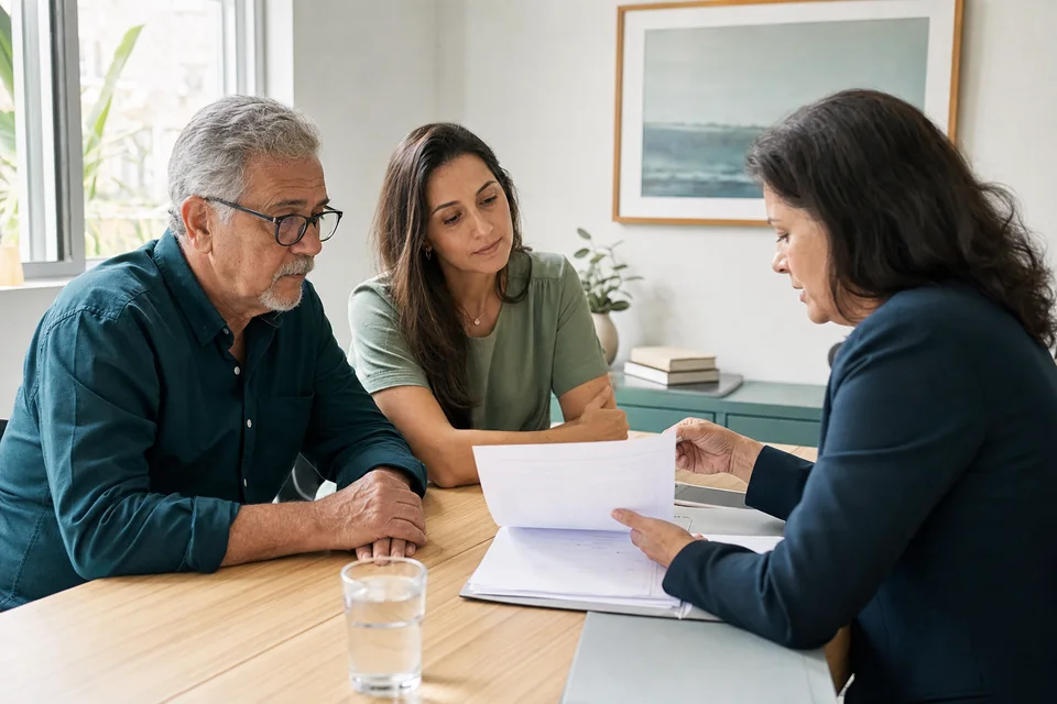 Três pessoas conversam ao redor de uma mesa com um documento impresso