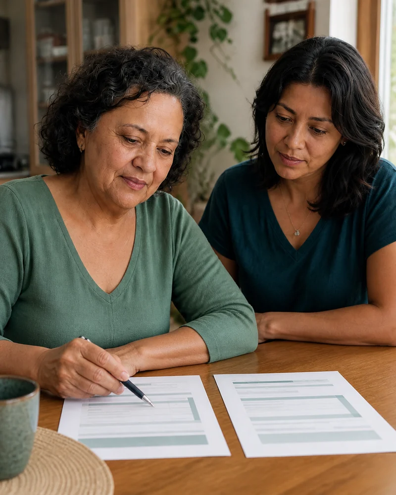 Duas mulheres comparam páginas impressas sobre uma mesa
