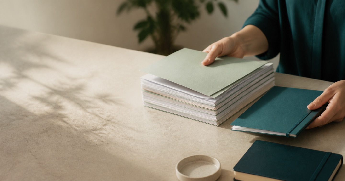 Mãos organizam uma pasta fina e outra com diversos documentos sobre uma mesa, representando caminhos de consulta diferentes.